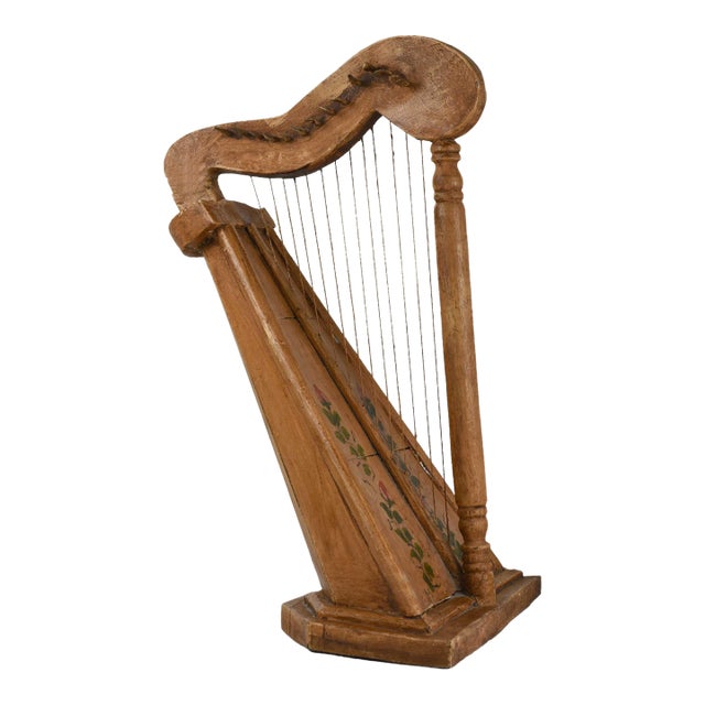 Vintage Celtic Irish Table Harp Carved Painted With Floral Decoration For Sale