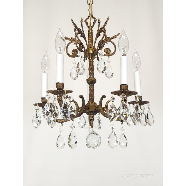 Antique 5 Light Adorable Dainty Petite Brass Cut Lead Glass Crystal Chandelier For Sale - Image 4 of 12