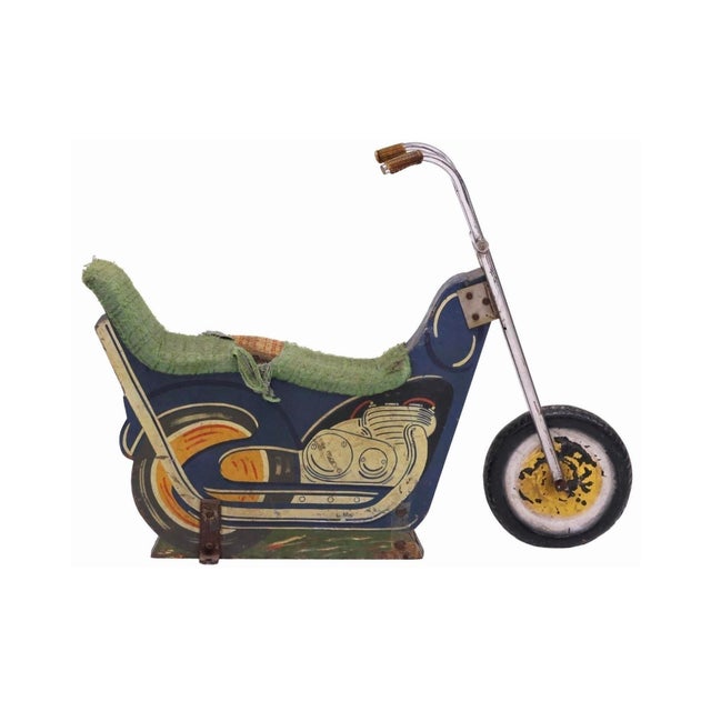 American American Midcentury Carousel Motorcycle Carnival Amusement Ride Painted Wood Metal Harley Davidson For Sale - Image 3 of 7