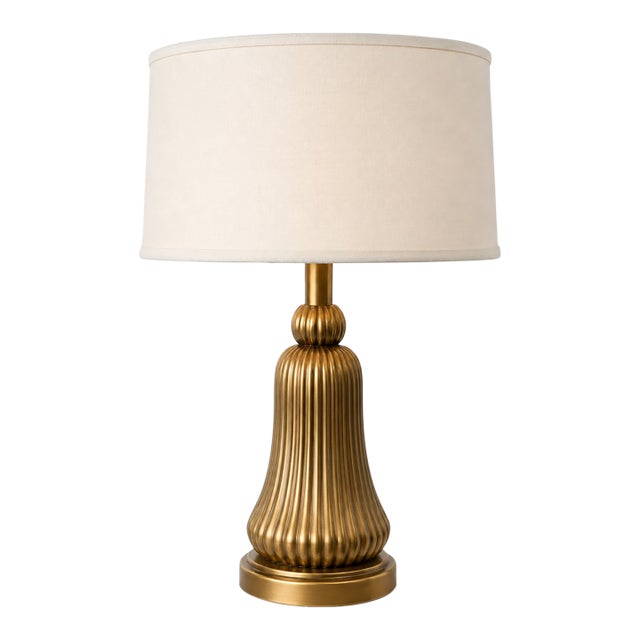Art Deco Fluted Brass Table Lamp With Linen Shade For Sale
