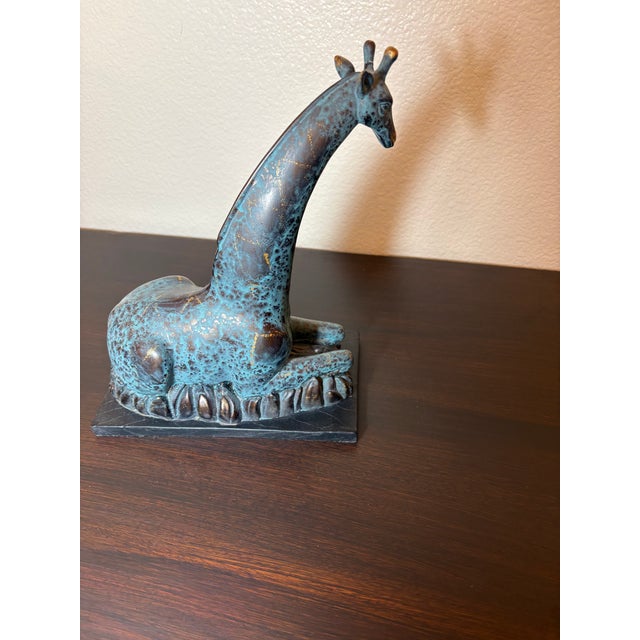 Mid-Century Modern 1980s Teal and Golden Resting Giraffe Sculpture For Sale - Image 3 of 4