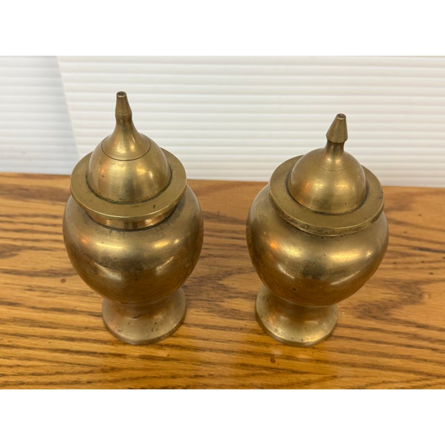 Mid 20th Century Brass Ginger Jar Urn Shaped Vessels + Lids, Set of Two For Sale - Image 5 of 12