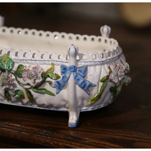 19th Century French Painted Porcelain Barbotine Jardiniere With Floral Motifs For Sale - Image 4 of 10