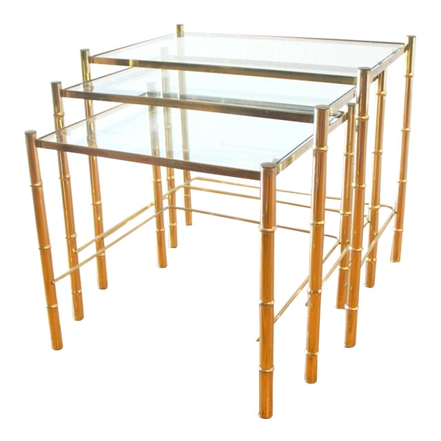 Mid Century Modern Brass and Glass Nesting Tables For Sale