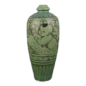Vintage Chinese Porcelain Song Cizhou Kiln Green Glaze Porcelain Meiping Hand Carved Yingxi Pattern | Cizhou Ware Ceramic Plum Bottle