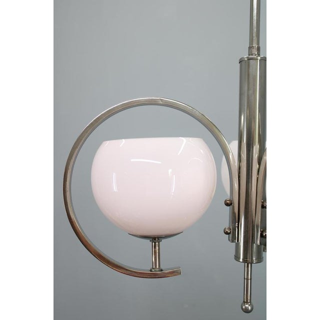 Art Deco Nickel Chandelier with Light-Pink Opaline Shades, Former Czechoslovakia, 1930s For Sale - Image 4 of 12