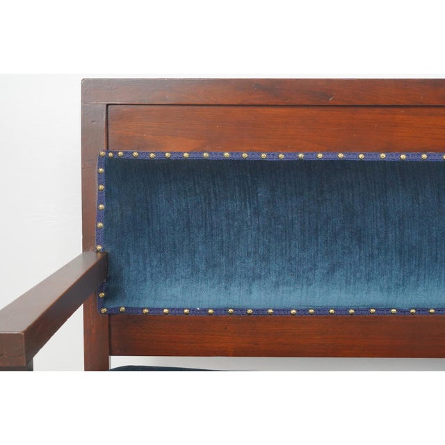Traditional Mid 20th Century Traditional 114.75 In. Blue Velvet Walnut Settee Bench For Sale - Image 3 of 12