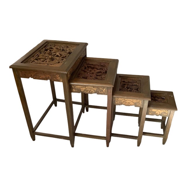 1960s Carved Asian Nesting Tables Set of 4 For Sale