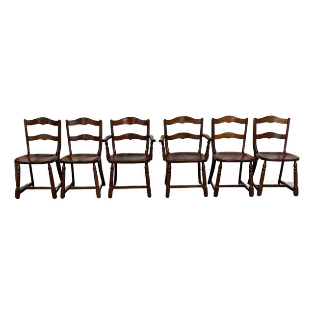Vintage Colonial Revival Early American Style Walnut Dining Chairs - Set of 6 For Sale