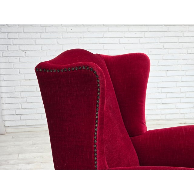 Danish Highback Armchair in Red Velour and Ash, 1970s For Sale - Image 6 of 18