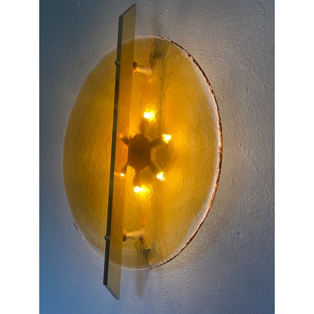 Murano Italian Wall Light in Amber Murano Glass Disc and Brass Metal Frame For Sale - Image 4 of 10