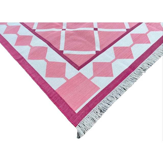 Not Yet Made - Made To Order Handmade Cotton Natural Vegetable Dyed Reversible Pink and White Checked Tile Rug - 12'x15' For Sale - Image 5 of 11