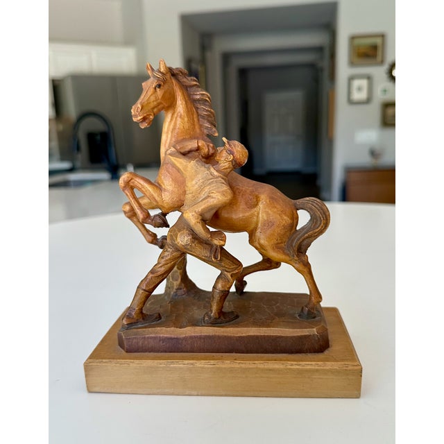 Traditional Vintage Carved Wood Horse & Jockey Sculpture by Anri in Italy For Sale - Image 3 of 15