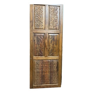 Antique Indian Floral Carved Wood Door – Vintage Artistic Rustic Barn Door 96 For Sale