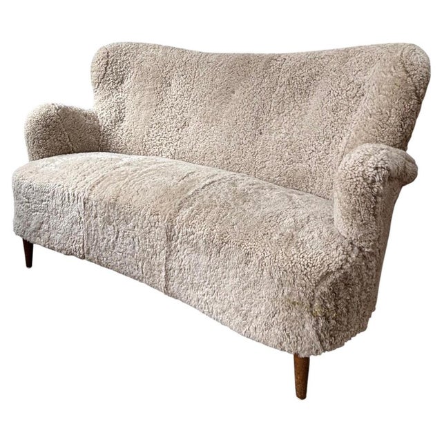 Wood Danish Sofa in Shearling Sheepskin by Alfred Christensen, 1950 For Sale - Image 7 of 7