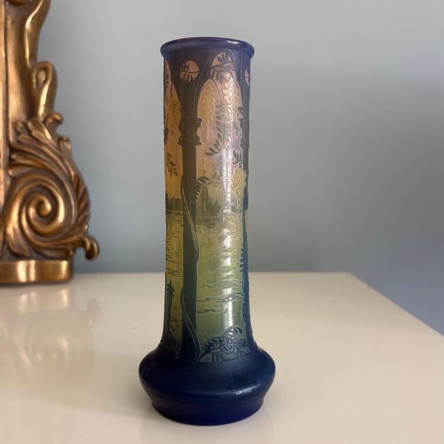 Beautiful early 1900's example of French cameo glass. A Venetian water scene is depicted in shades of orange, yellow,...