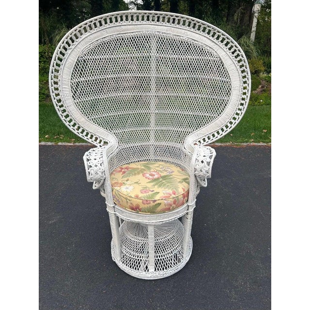 Emmanuel Peacock Throne Chair in Classic White Wicker with custom upholstered round seat cushion. Fabulous statement piece...