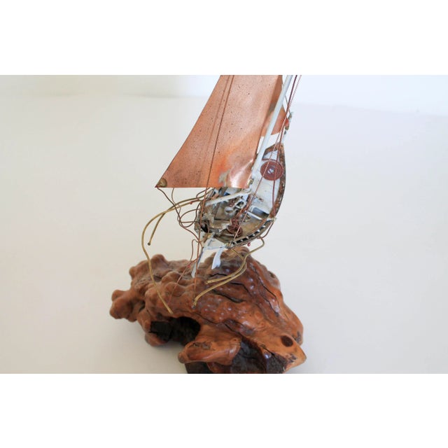 Wood Mid-Century Brutalist Burlwood & Copper Sailboat For Sale - Image 7 of 13