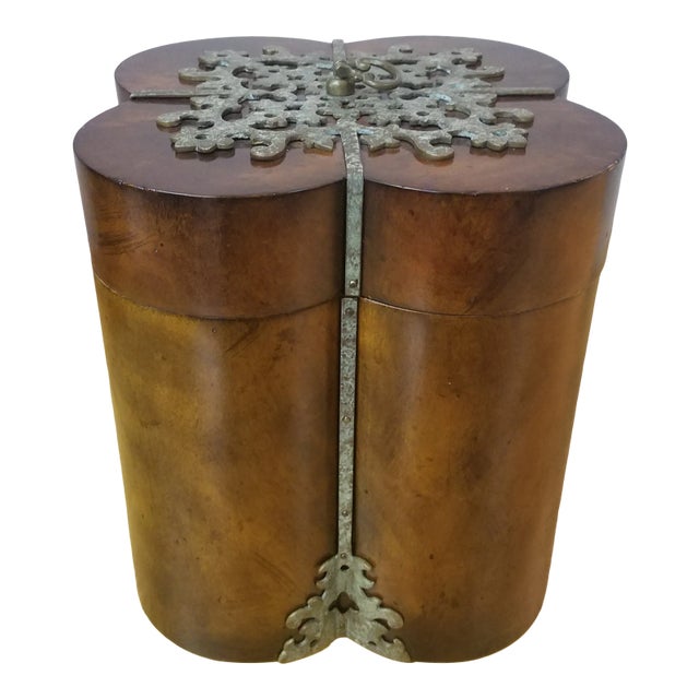 Vintage Quatrefoil Wood Box with Patinated Brass Accents For Sale