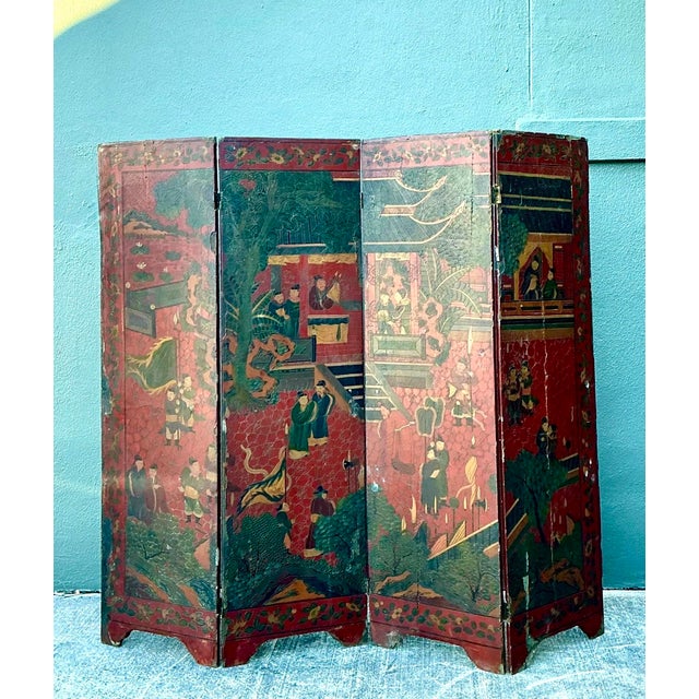 Wood Vintage Asian Chinoiserie Four Panel Screen For Sale - Image 7 of 12