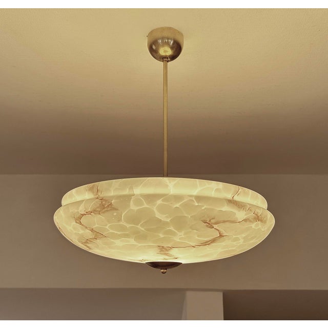 Metal Large Art Deco Pendant Light in Green Marble Glass, 1930s For Sale - Image 7 of 18