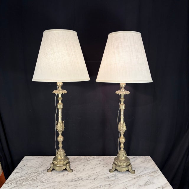 Antique French Gilt Metal Church Altar Candlestick Table Lamps - Pair For Sale In Portland, ME - Image 6 of 8