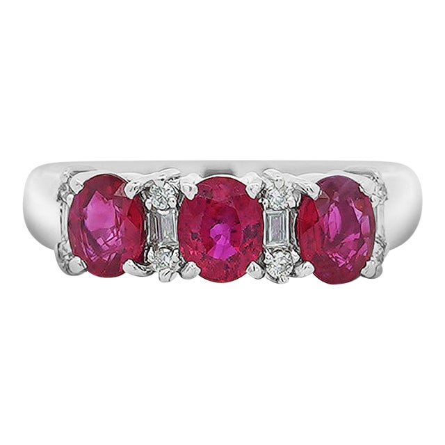 1.67 Carat Oval Cut Ruby and Diamond Three-Stone Band Ring Size 6.25 For Sale