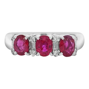 1.67 Carat Oval Cut Ruby and Diamond Three-Stone Band Ring Size 6.25