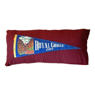 Colorado Royal Gorge Large Vintage Blue Pennant on New Woven Fabric Throw Pillow For Sale