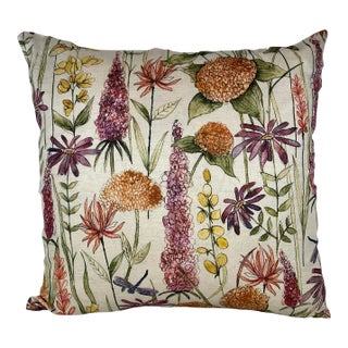 20" Square Decorative Throw Pillow Embellished With a Playful Mid Century Modern Floral Pattern of Orange, Purple & Yellow Flowers - Made in the U K For Sale