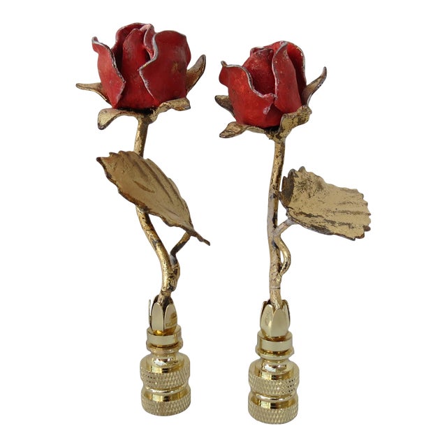 Pair of Vintage Italian Tole Rose and Leaf Finials in Bright Rose/Red With Patina Gold Gold by C. Damien Fox For Sale