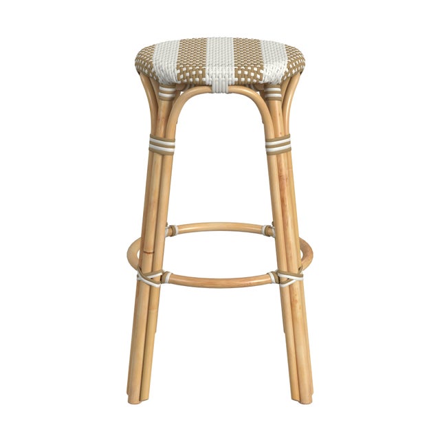Spritely Home Accent Furniture Tobias 30 in. Seat Height Round Rattan Backless Bar Stool, Tan/White Stripe/ Natural Rattan Frame For Sale - Image 4 of 8