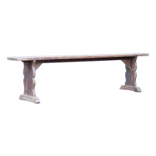Long French Wabi-Sabi Pine Bench with Sculptural Trestle Supports, 1900 For Sale