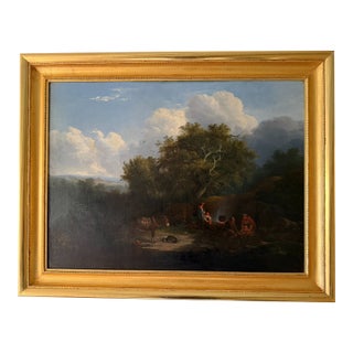 Antique European Landscape Oil Painting of Peasants in a Landscape For Sale