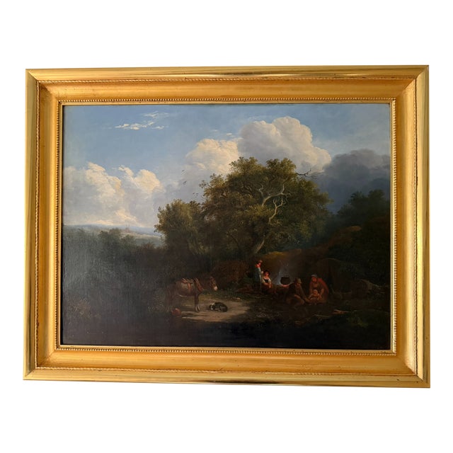 Antique European Landscape Oil Painting of Peasants in a Landscape For Sale
