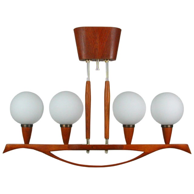 Mid-Century Swedish Modern Teak and Satin Glass Chandelier, 1960s For Sale