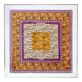 1980s Framed Hermès Silk Scarf "Chasse en Inde" by Michel Duchene - Orange Gold Frame For Sale