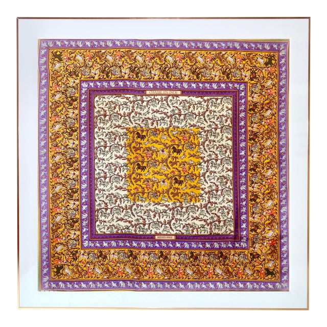 1980s Framed Hermès Silk Scarf "Chasse en Inde" by Michel Duchene - Orange Gold Frame For Sale