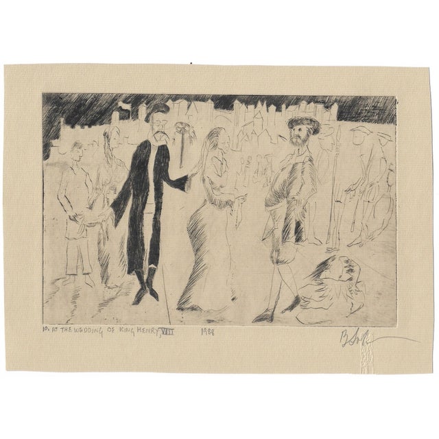 1988 etching on paper "1988 at the Wedding of King Henry VIII" based on the legend of Faust. Signed lower right illegibly...