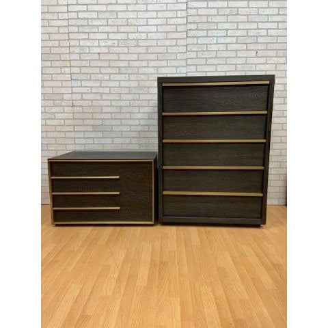 Restoration Hardware Calvin Left Closed Nightstand And Bezier Five Drawer Narrow Dresser In Brown Oak Burnished Brass Chairish