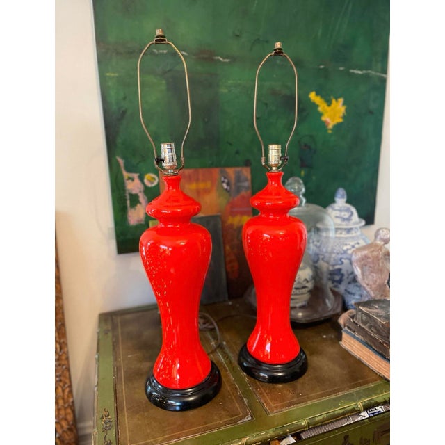 Ceramic Mid 20th Century Pair of MCM Orange Curvy Lamps For Sale - Image 7 of 10