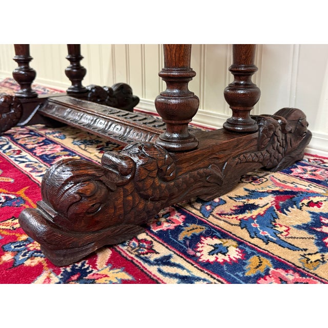 Brown Antique French Oak Renaissance Revival Library Dolphin Table Desk C. 1880s For Sale - Image 8 of 18