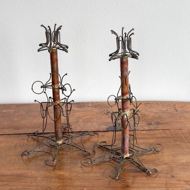 Rustic Pair of Vintage Handcrafted Welded Metal Candle Holders For Sale - Image 3 of 5