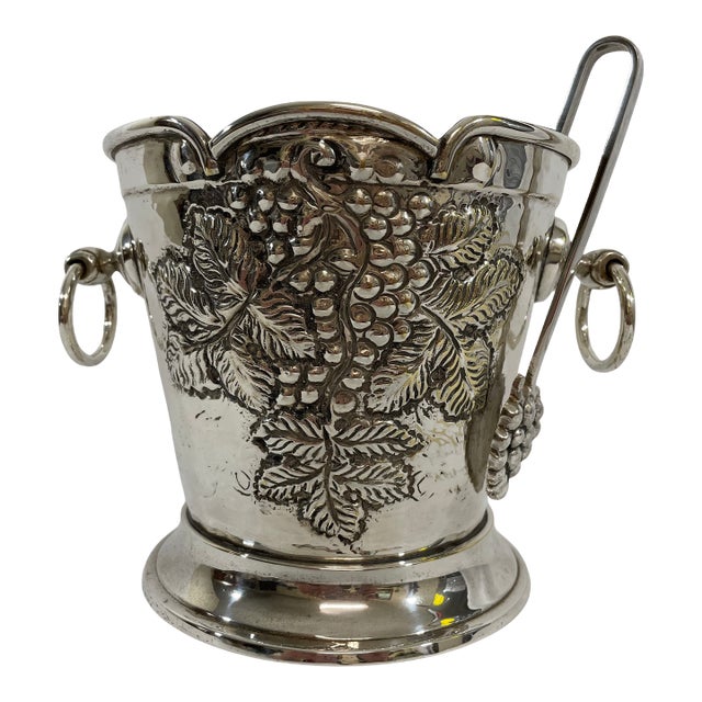 1970s Italian Silverplated Grape Motif Ice Bucket With Drain and Tongs For Sale