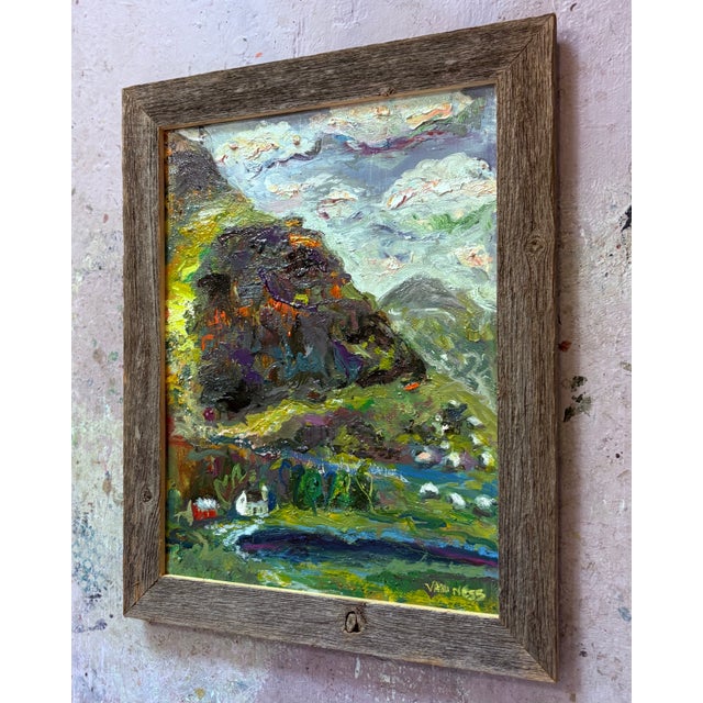 12"x16" oil on canvas. Wood framed size 15"x19". Scotland hills with a home and sheep. Artist Statement I am an oil...