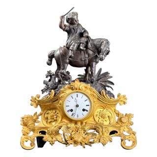 French Gilt-Bronze and Patinated Bronze Figural Mantel Clock with Equestrian Boy from Les Japy Fils, 1850s For Sale