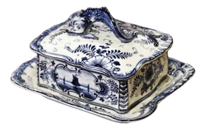 Early 20th Century Royal Bonn Delft Faience Sardine Dish With Dolphin Handle