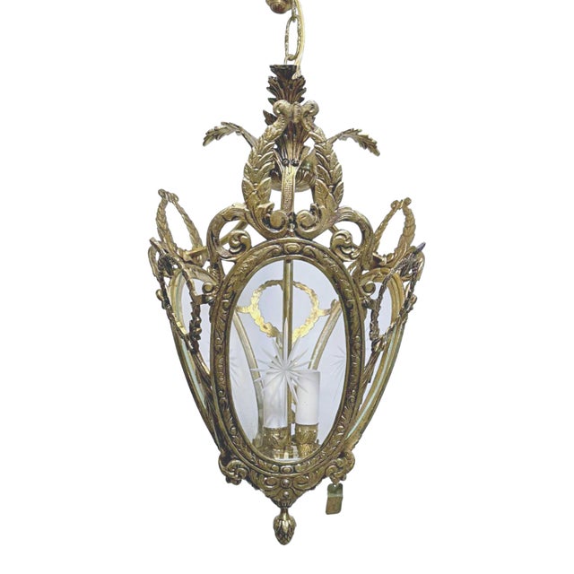 Vintage Bronze Lantern With Etched Glass Panels For Sale