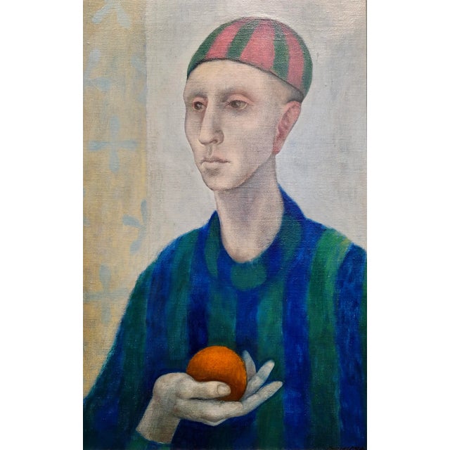 Arts & Crafts Arthur Okamura -Modernist Portrait Man Holding a Ball- 1954 Oil Painting For Sale - Image 3 of 12