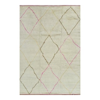 Moroccan Rug 8’9” X 13’1” Ivory Wool Contemporary Hand-Knotted Carpet For Sale